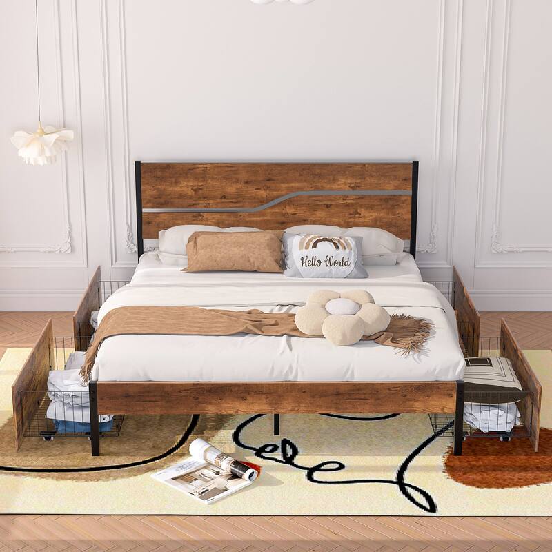 VECELO Upholstered Platform Bed Frame with 4 Storage Drawers, Full/Queen Size