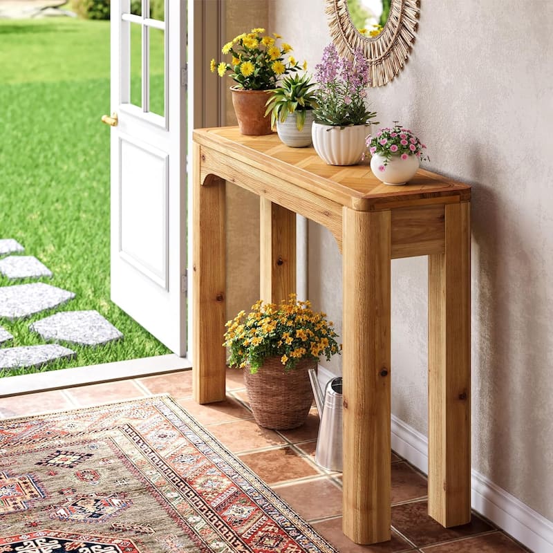 41.3-Inch Solid Wood Farmhouse Sofa Console Table with Parquet Top - 41.3" W x 11.81" D x 32.7" H