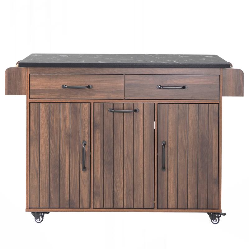 Kitchen Island with Trash Can Storage Cabinet, Kitchen Cart with Drop Leaf, Spice Rack