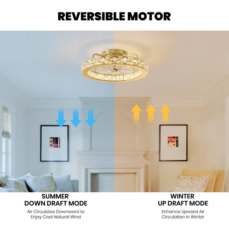 20'' Luxury Gold Crystal Flush Mount Dimmable Ceiling Fans with Light and Remote - 21''