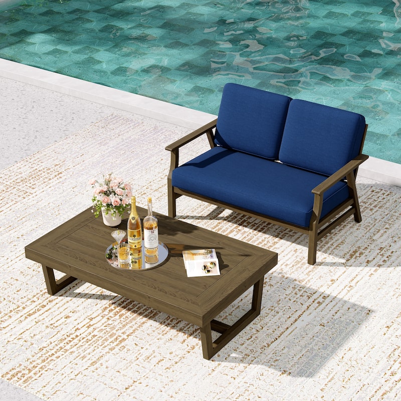 2-Piece Teak Outdoor Loveseat Set with Table. - Brown Wood - Navy/coffee table