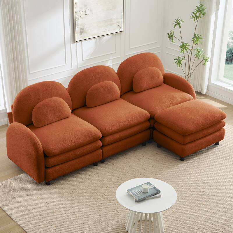 98.2" Teddy Fabric Sectional Sofa with Curved Pillows and Ottoman