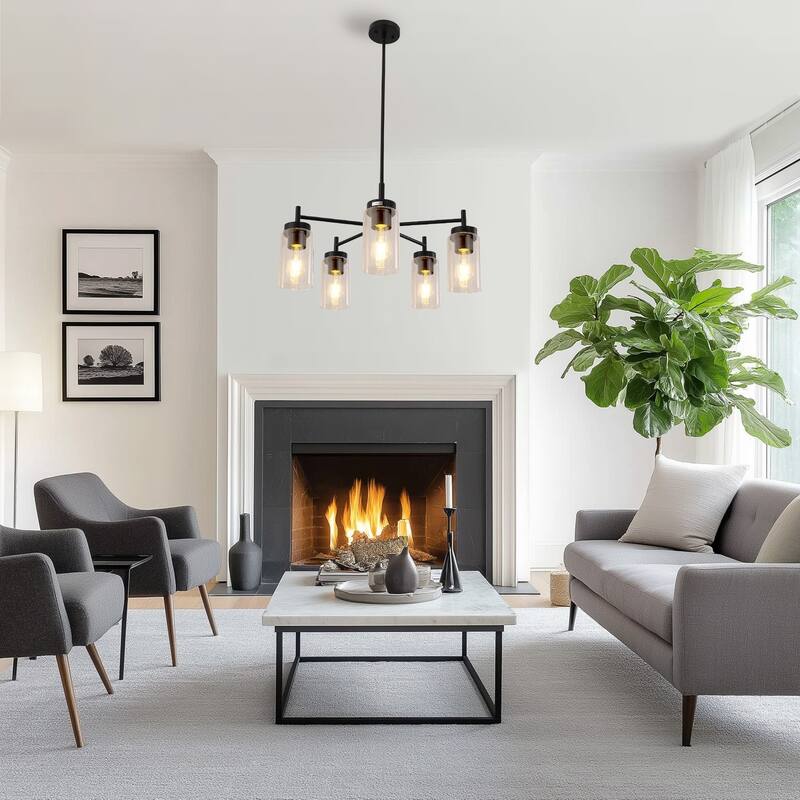 YANSUN 5-Light Matte Black Chandelier with Candle-Style Blue Glass Shades and Round Rod, E26 Base - 25*25*9.6