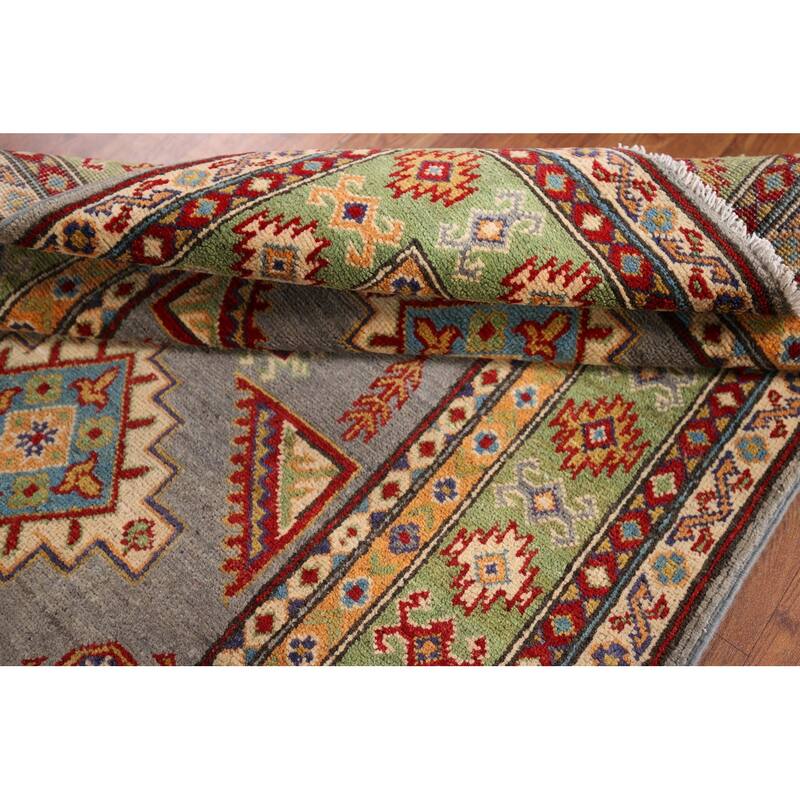 Geometric Grey Kazak Foyer Rug Hand-Knotted Wool Carpet - 3'5" x 4'10"