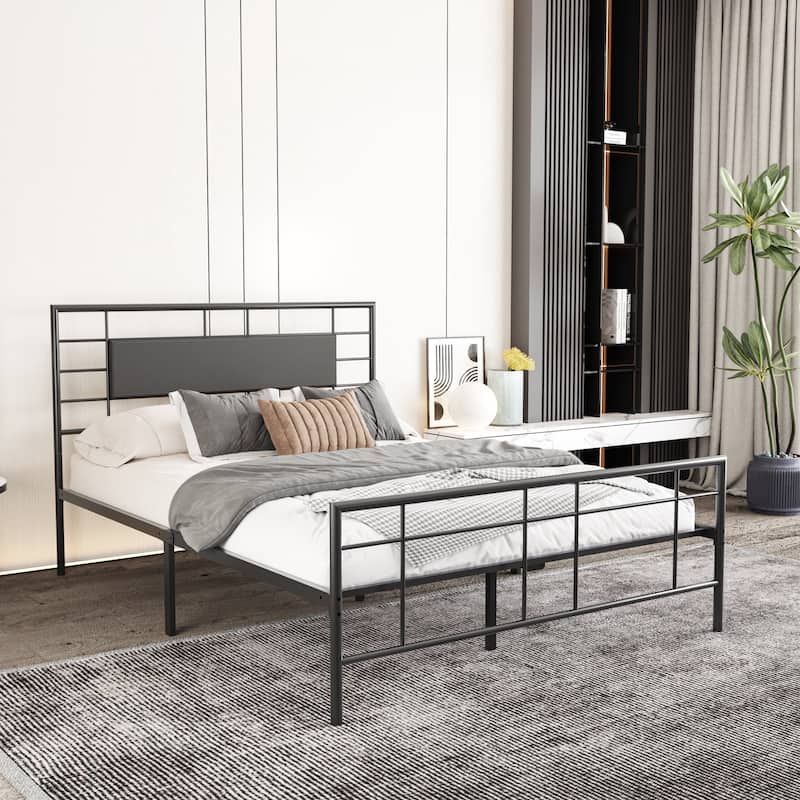 NNV Full Size Platform Metal Bed Frame with Leather Upholstered Headboard