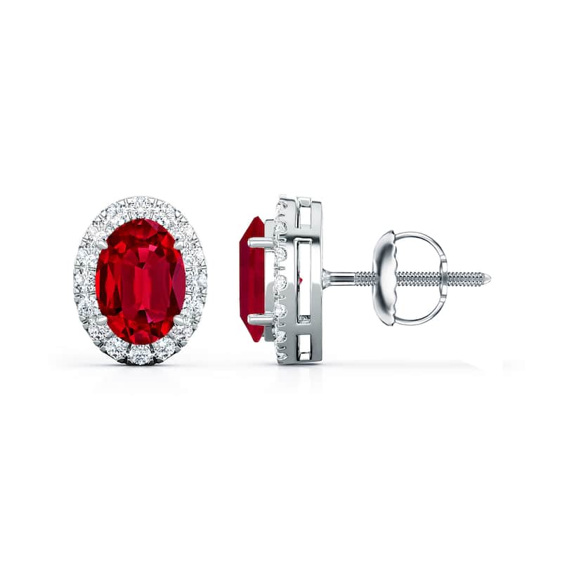 Auriya 14k Gold Lab Grown Gemstone Ruby Stud Earrings Oval 0.25 to 5.00 ct. tw. Halo Screw-Back - 1.00ct tgw. - White