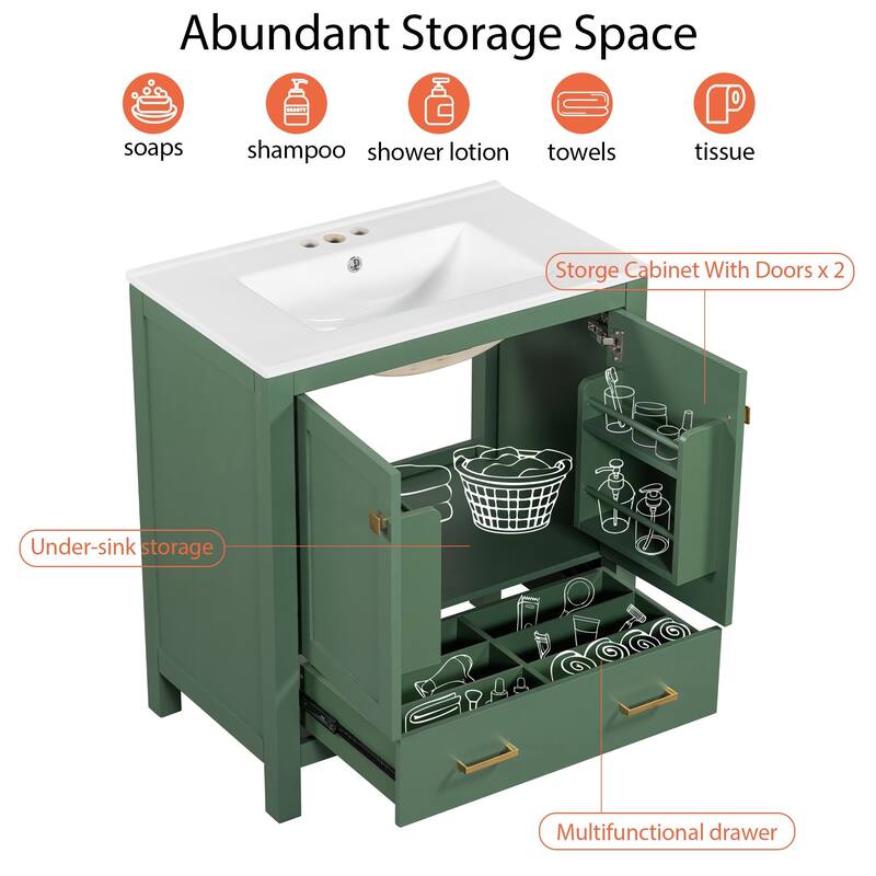 30 Inch Freestanding Bathroom Vanity with Rectangular Ceramic Sink, Two Doors, and Storage Drawer - Elegant Finish