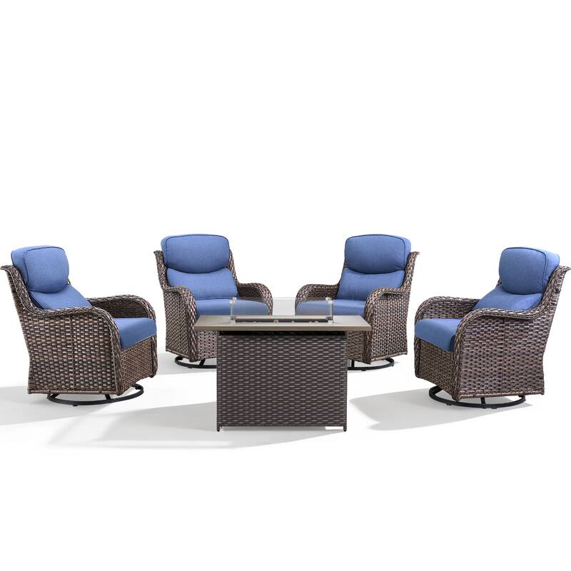 Meyreso 5-Piece Outdoor Patio Wicker Fire Pit 4 person Conversation Set with 5-Inch Thick Cushions