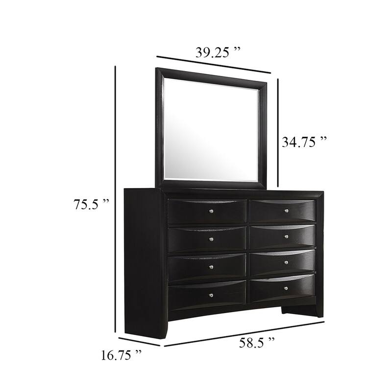 Ica 2pc Wide Dresser and Mirror Set, Chambered Fronts, Black Wood