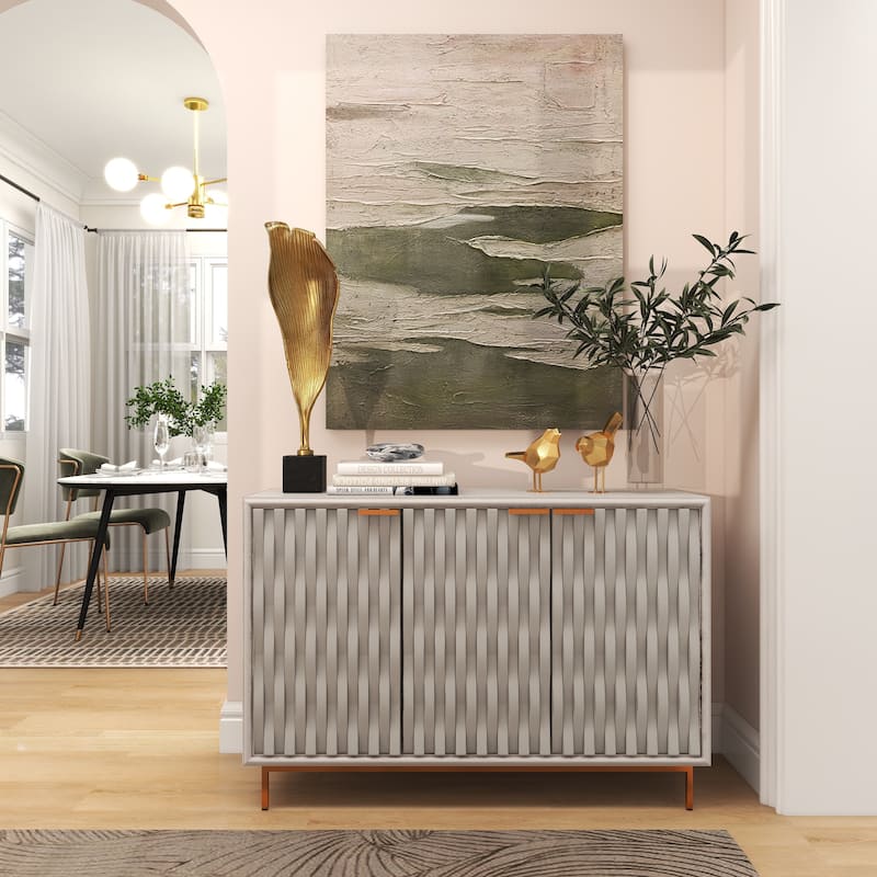 Gold Aluminum Metal Textured Leaf Abstract Sculpture with Black Marble Base