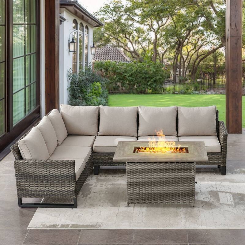 Gymojoy L-Shaped Outdoor Corner Sectional Sofa 6-seats Couch Conversation Set - 2 PCS - Fire Pit - Grey Wicker / Beige Cusion