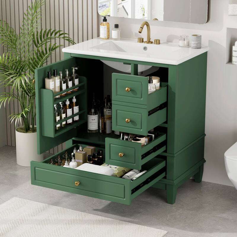 30" Bathroom Vanity with Sink, Soft-Close Door, One Door with Shelf & Three Drawers - Green