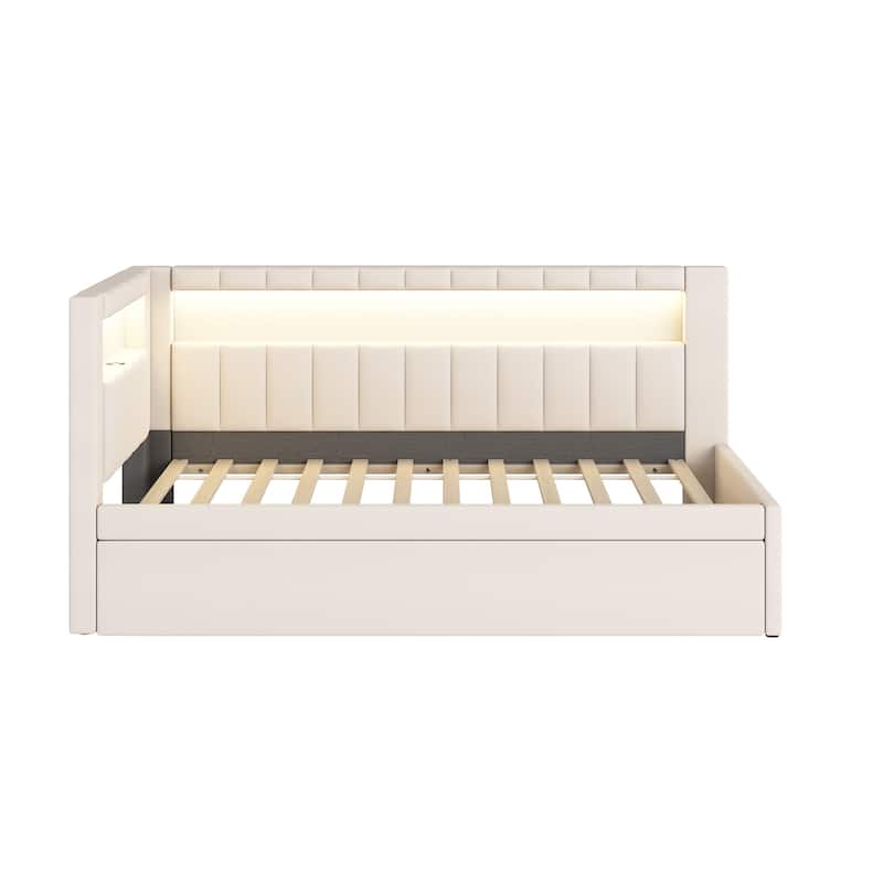 Twin Size Upholstered Platform Bed with USB Ports, LED Lighting, and Trundle, White