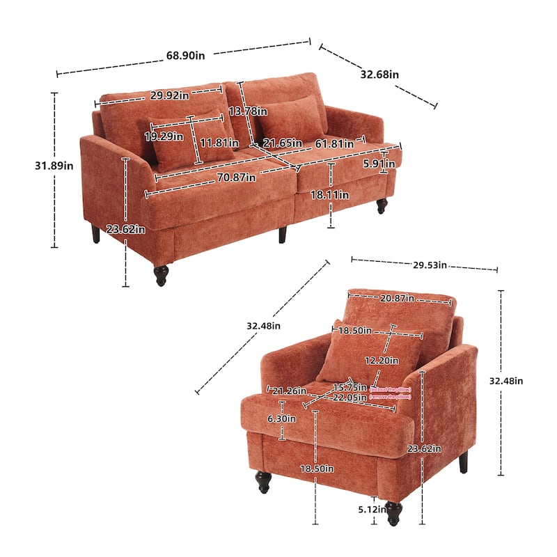 HOMEFUN Chenille Upholstered Wood Frame Loveseat with Armchair for Living Room
