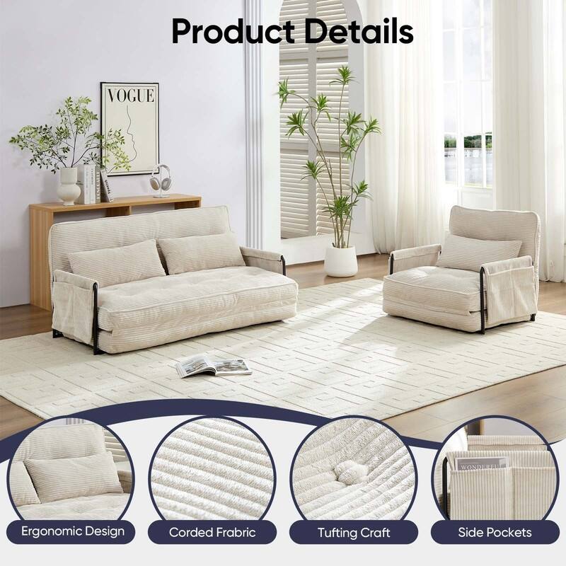 Mixoy Muti-Functional Folding Floor Sofa Bed,Lazy Sofa with Pillows,6 Position Adjustable Backrest-2+1 - 2+1 - Beige
