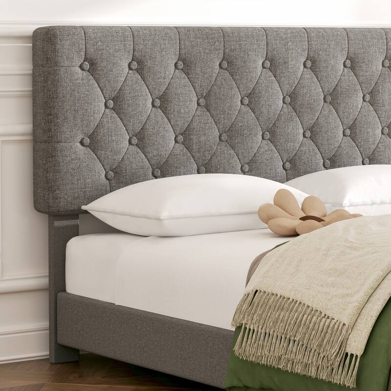 Linen Upholstered Headboard Bed Frame with Large Hidden Storage, 4 Underbed Drawers with Pulleys