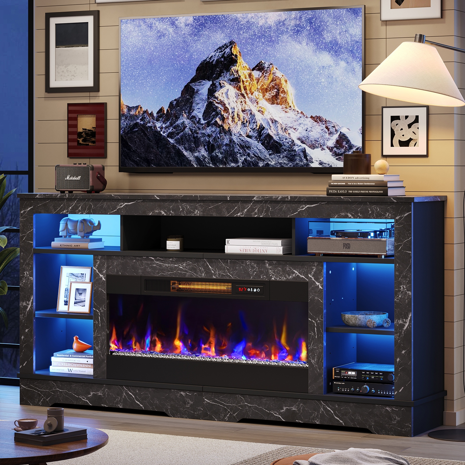Tall black tv stand with fireplace sale