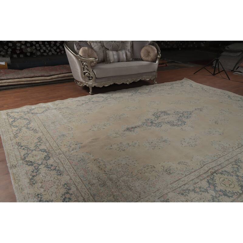 Hand Knotted Oriental 100% Wool Carpet Traditional Floral Beige & Ivories Kerman Area Rug - 14' 1'' X 10' 1''