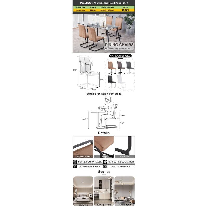 Roomfitters Tech Fabric Dining Chairs with High Back and C-Shaped Black Metal Legs, Set of 4 for Dining Room