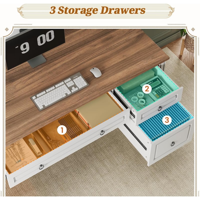 Farmhouse Executive L Shaped Desk Home Office Desk with Drawers and Storage Cabinet & Power Outlet