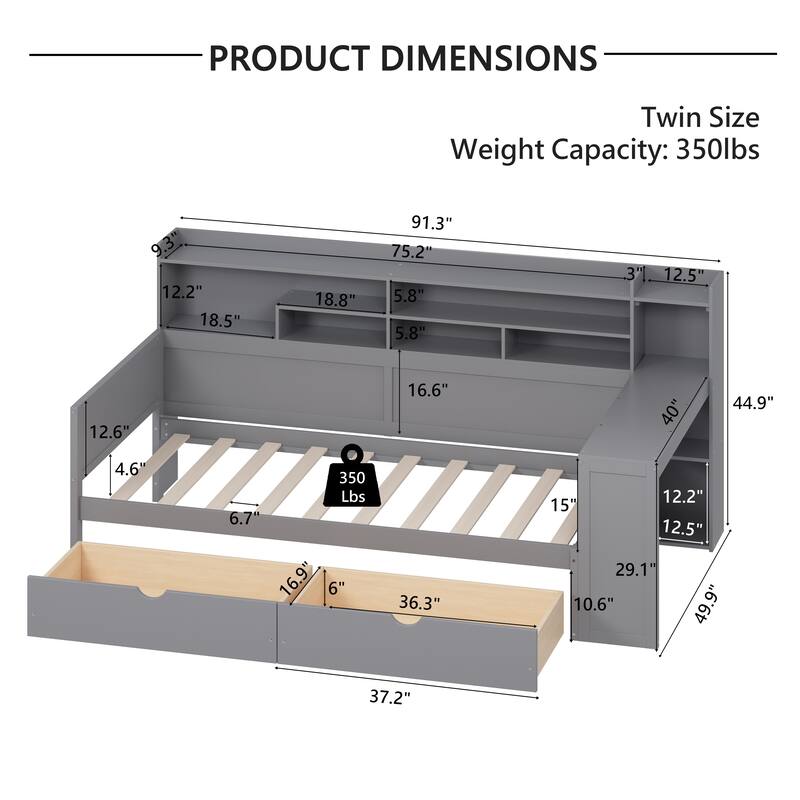 Twin Size Wooden Daybed Platform Bed with Recessed Desk Storage Shelves and 2 Drawers Under Bed for Compact Spaces, Bedroom
