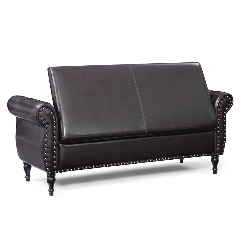 63" PU Upholstered End of Bed Bench Flip Top Entryway Ottoman with Safety Hinge Storage Rectangular Sofa Stool Buttons