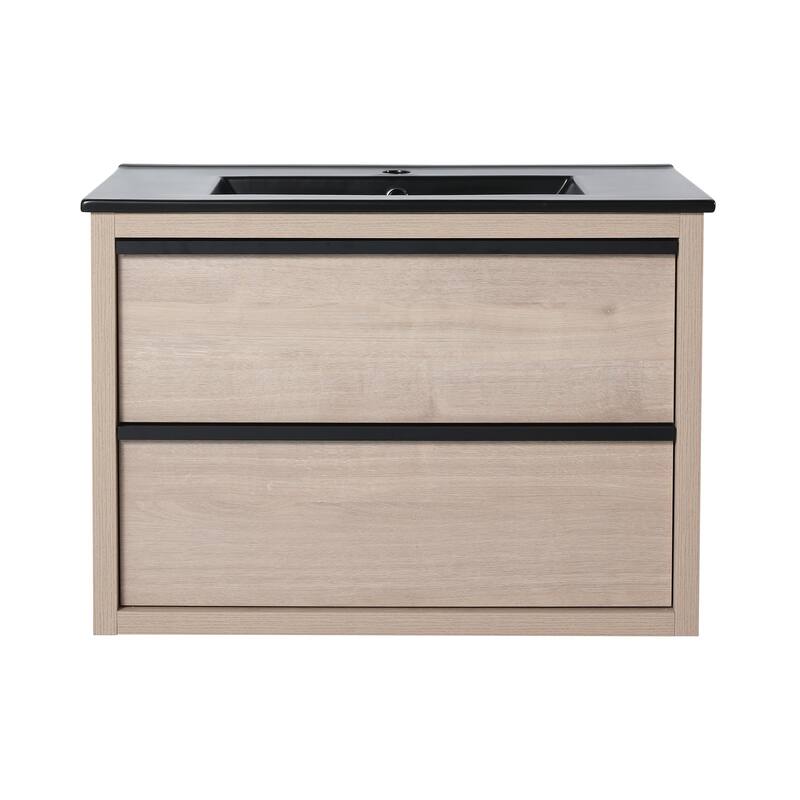 Wall-Mounted Plywood Bathroom Vanity Set in Plain Light Oak with Integrated Sink