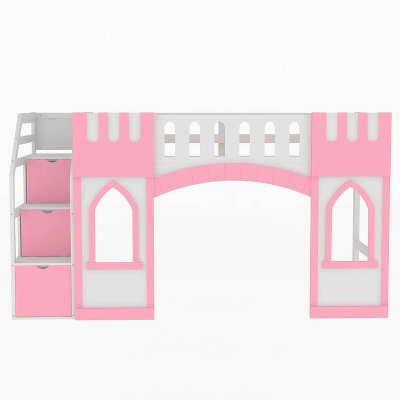 Pink Twin Size Loft Bed with Storage Staircase and Window