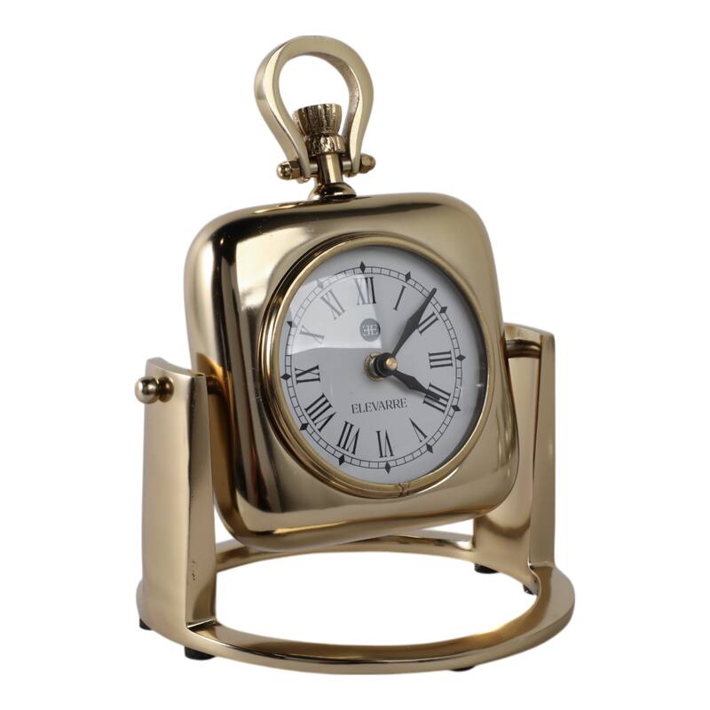 Metal Glass Desk Clock with Roman Numerals and Curved Frame Design - 7" x 7" x 9"