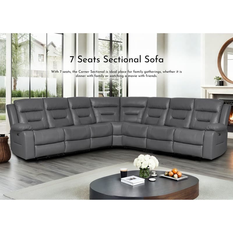119'' Faux Leather Power Recliner 7-Seat Large Sectional Reclining Sofa with USB Port