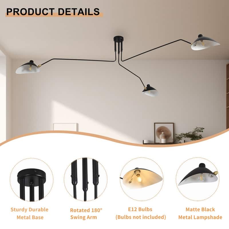 Mid Century Modern Chandelier Black 3 Arm Ceiling Light Living Room