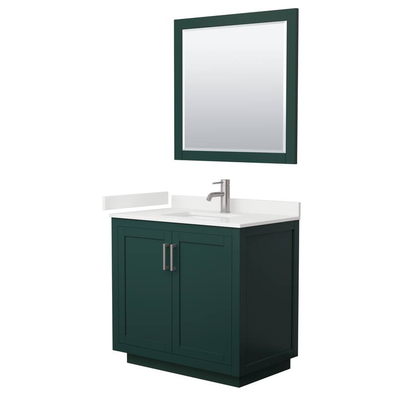 Miranda 36-inch Single Vanity, Quartz Top, 34-inch Mirror - Green, Nickel Trim, White Quartz Top