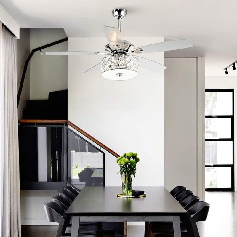 52" Indoor Chrome Crystal Chandelier Ceiling Fan with Light and Remote Control - 52 in. W X 52 in. D X 19.3 in. H