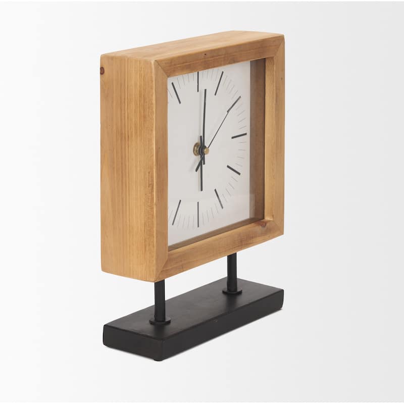 Renaya Light Brown Wood w/ Matte Black Metal Base Table Clock - 8.1L x 2.8W x 11.0H