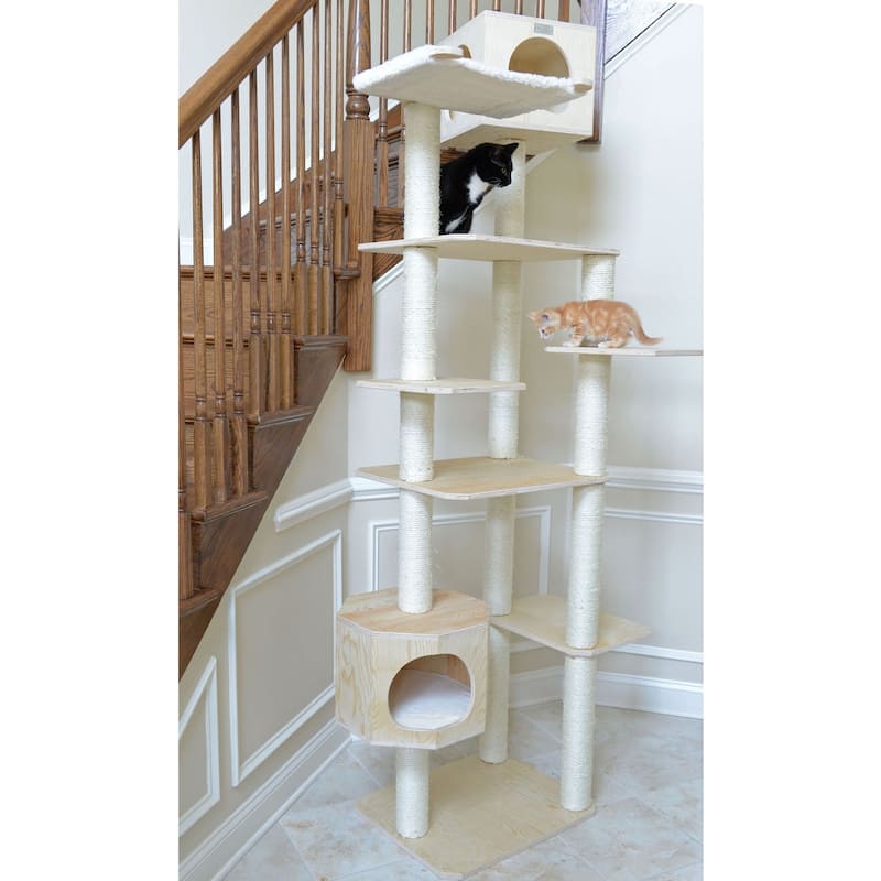 Real Wood Premium Scots Pine 89-Inch Cat Tree with Seven Levels, Two Playhouses - Natural Beige