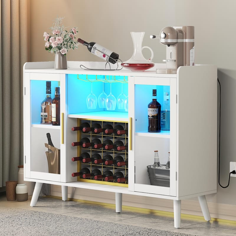 Moasis 20-Bottle Glass Door Wine Rack Table with Power Outlets and Wine Glass Holder