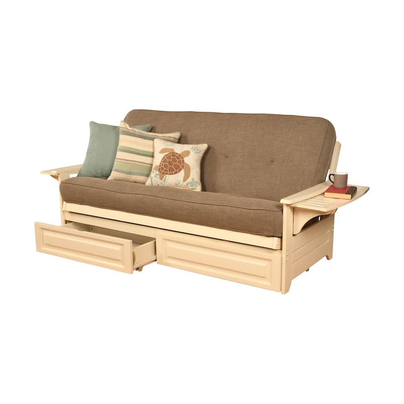 Somette Phoenix Futon Set in Antique White Wood with Innerspring Mattress and Storage Drawers