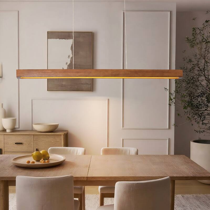 25-Watt Modern Brown Long Linear Walnut Wood Integrated LED Island Chandelier for Kitchen, Dining Room