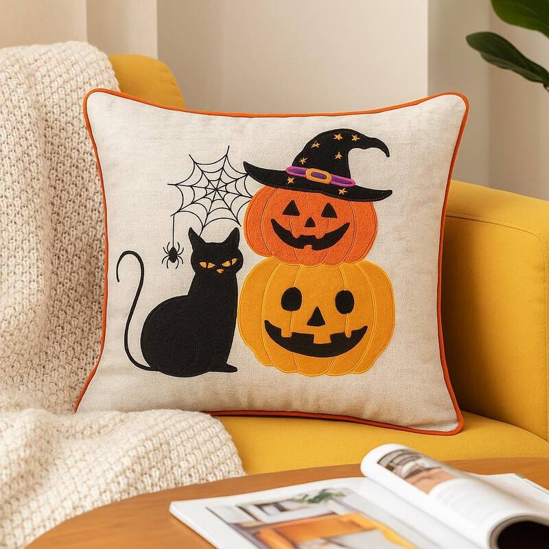 Halloween Black Cat & Pumpkin Stack Throw Pillow