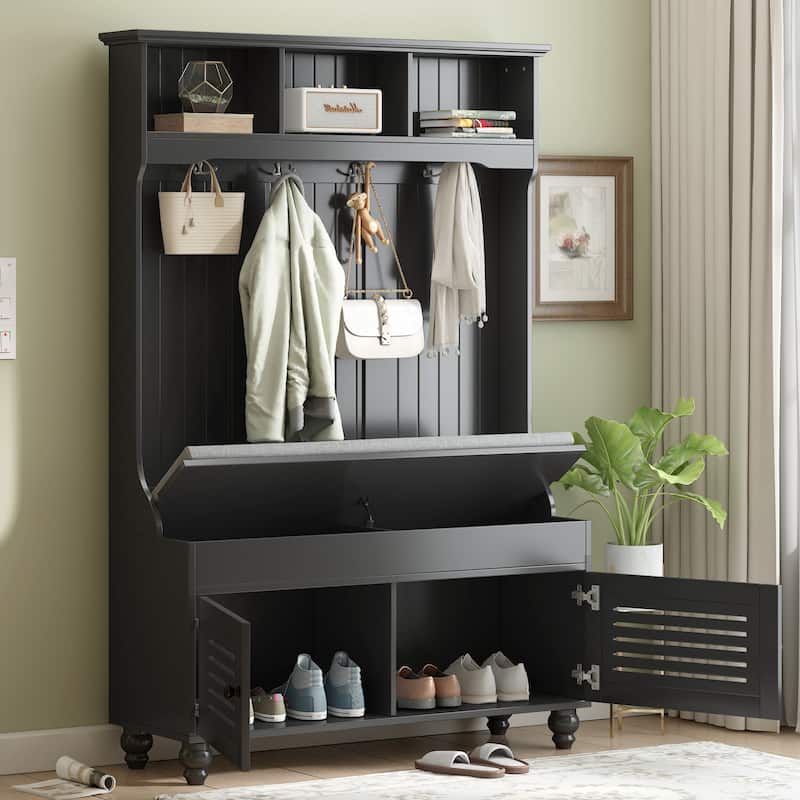 Entryway Bench Hall Tree with Shutter-Shaped Doors - Black