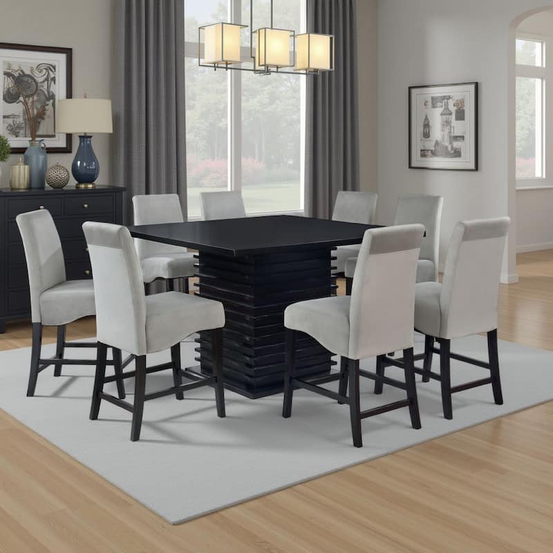 Tela 9pc Counter Height Dining Set, Black Wood Table, 8 Gray Chairs