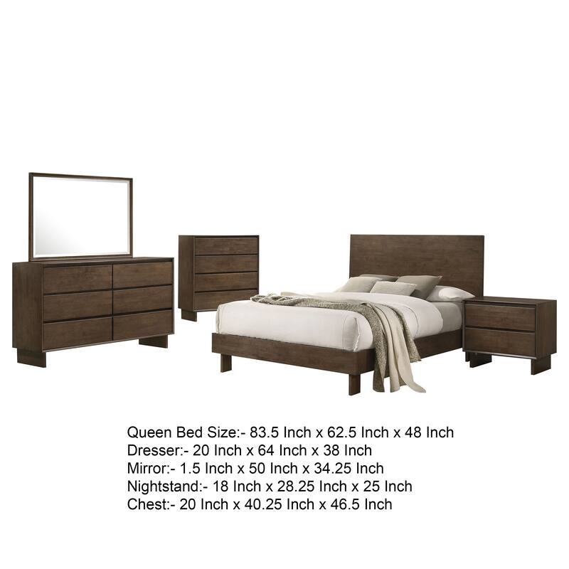 Genu 5pc Queen Size Bedroom Set, Modern Warm Brown Rubberwood