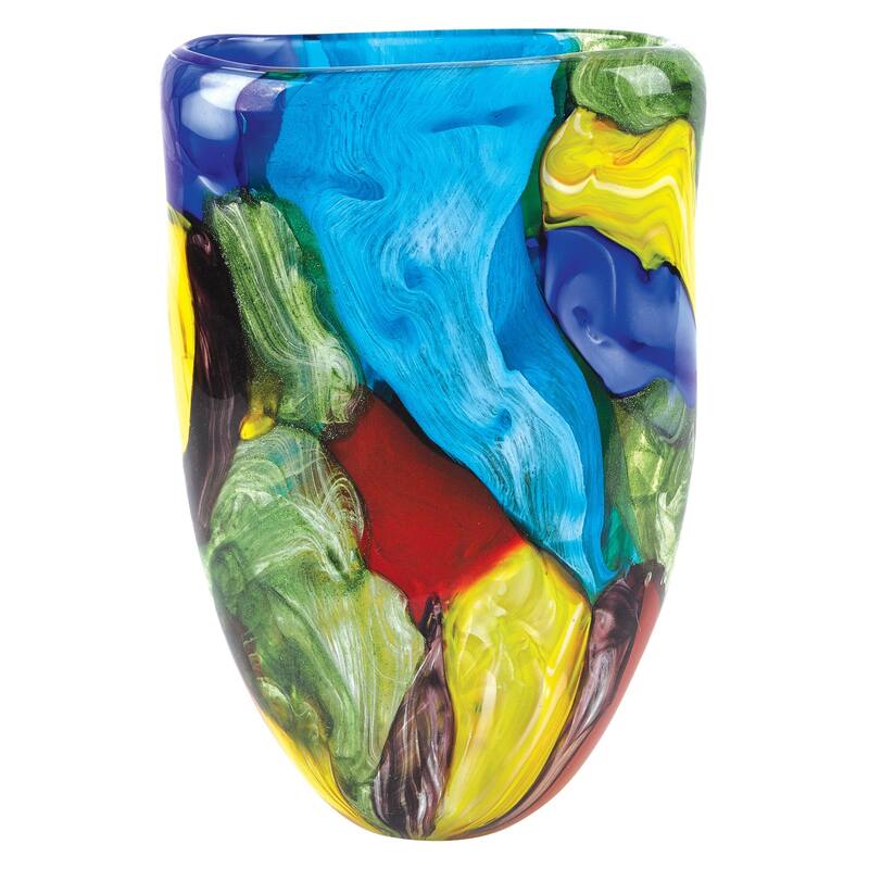 HomeRoots 11" Blue Green Red And Yellow Cylinder Murano Glass Table Vase
