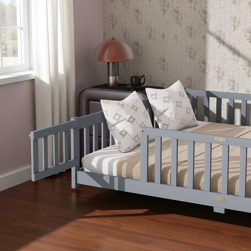 Queen Size Rubber Wood Floor Bed with Fence and Door, Montessori Platform Bed with Safety Guardrails for Kids