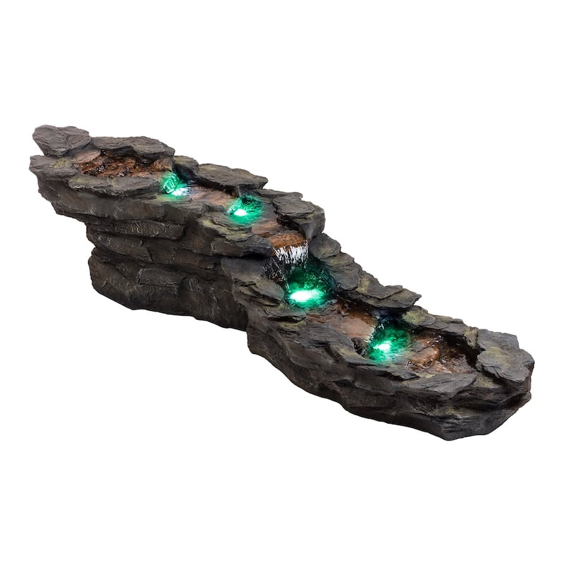 Alpine Corporation TZL240 76" Brown Outdoor Tiered Rocky River Stream Water Fountain with Color Changing LED Lights and Remote