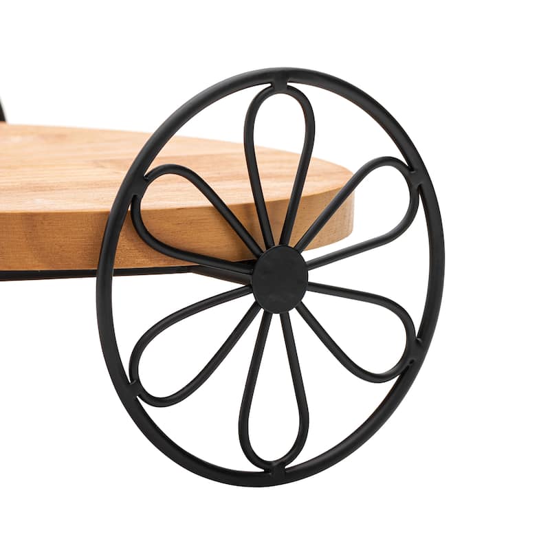 Glitzhome 24"L Spring Metal Tricycle Planter Stands Flower Pot Cart with Wood Trays