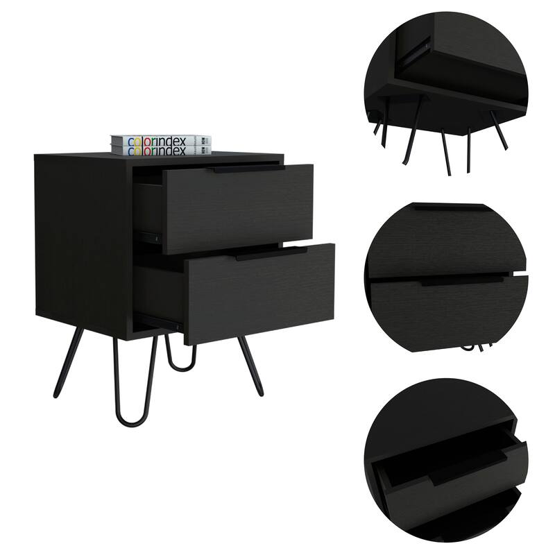 Black Wengue Two-Drawer Nightstand with Hairpin Legs