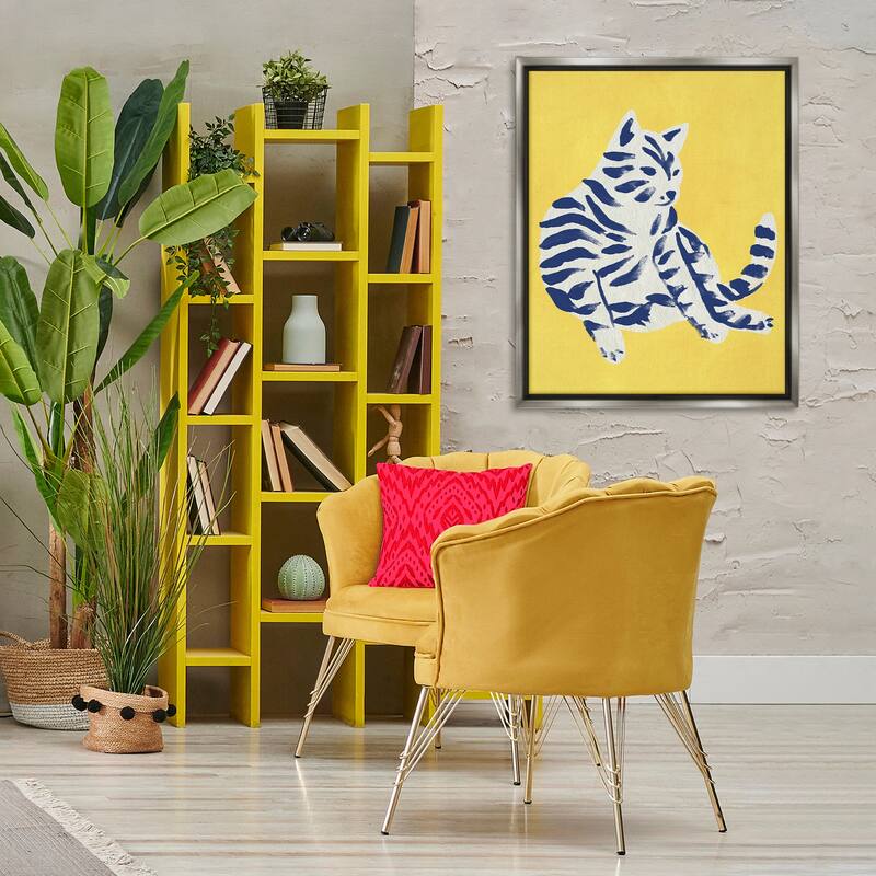 Stupell Unique Bright Cat on Yellow Framed Floater Canvas Wall Art Design By June Erica Vess