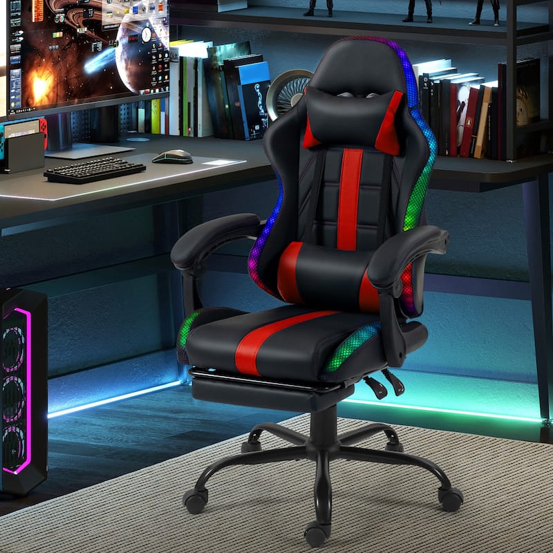 EROMMY RGB LED Gaming Chair with Thickened Massage Lumbar Pillow & Upgraded Footrest, Reclining Ergonomic Chair