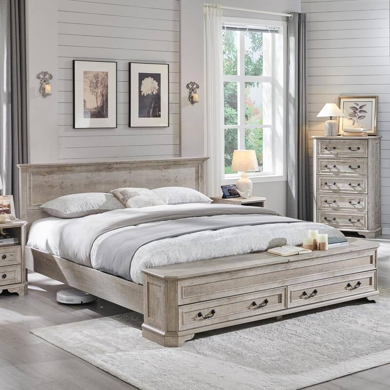 Farmhouse Bed Frame w/ Headboard & Storage Bench, Wood Platform Bed